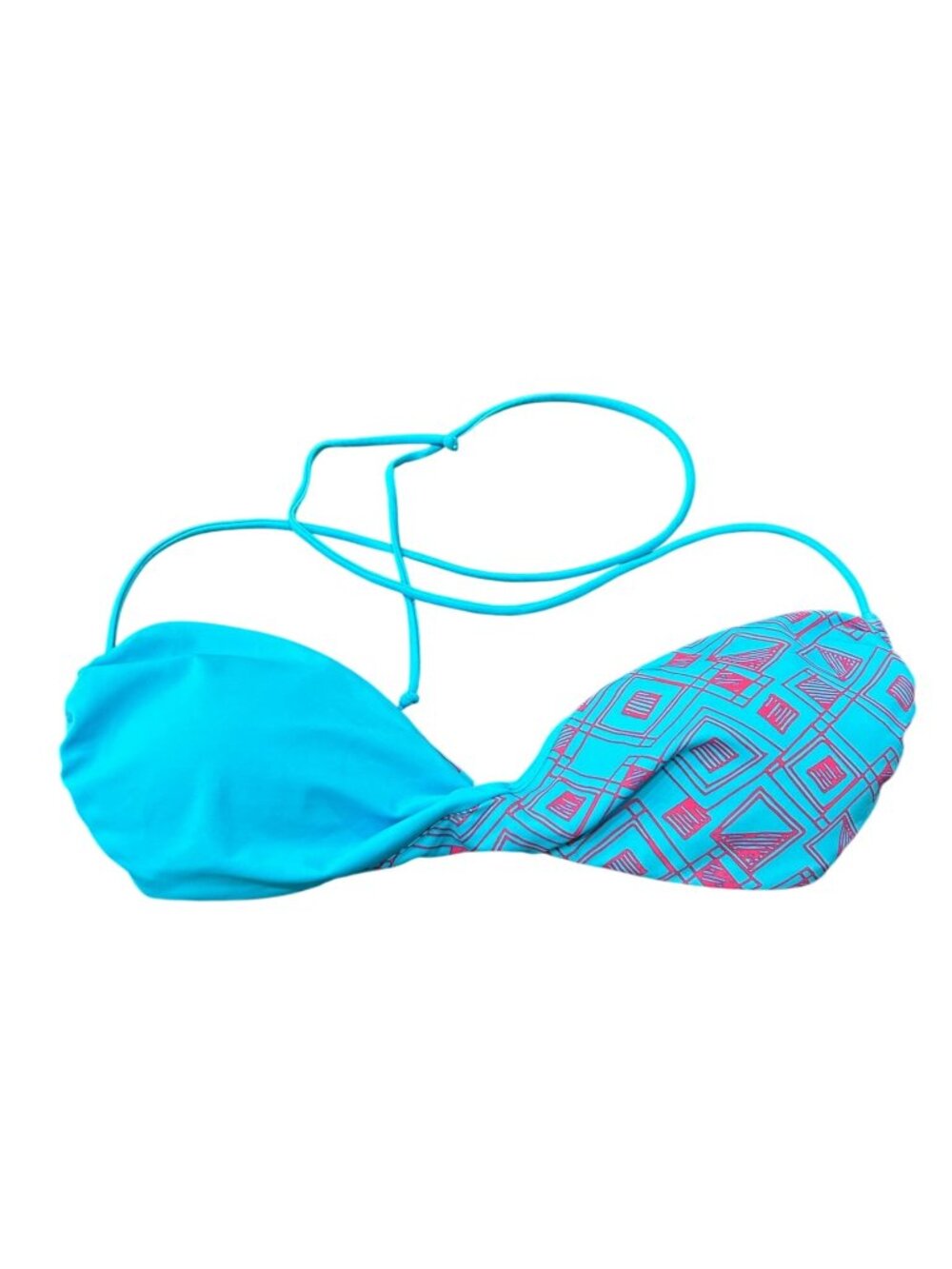 Kiona XL Blue Pink Geometric Print Bikini Top Halter Tie Swimwear Retro Y2K NWT